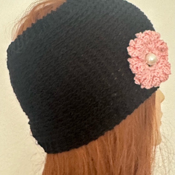 Hand Knits 2 Love Headband Bandana Headwrap Flower Pearls Designer Black Pink main image 4